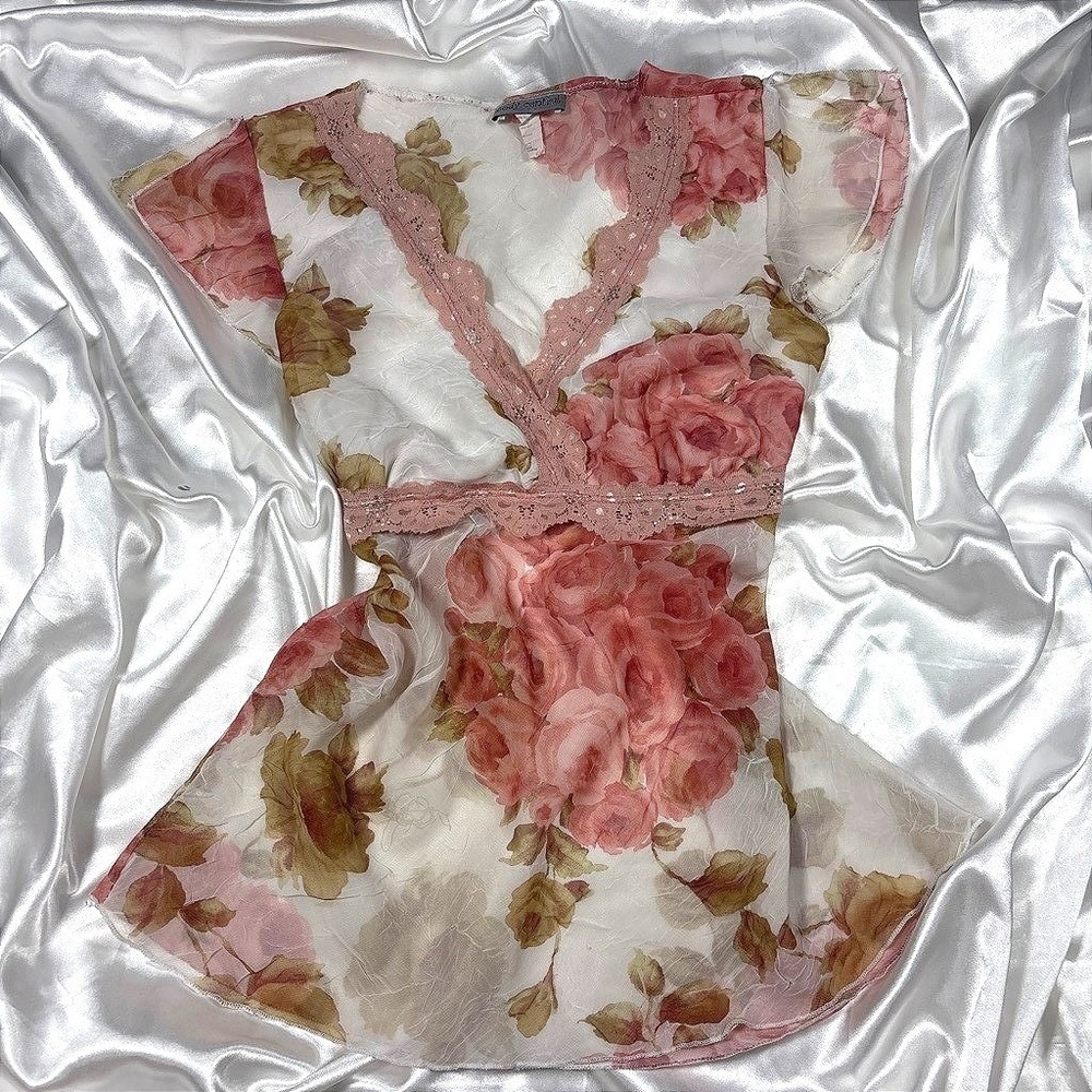 y2k romantic Chiffon Blouse Pink Lace Trim Sequin Floral Top